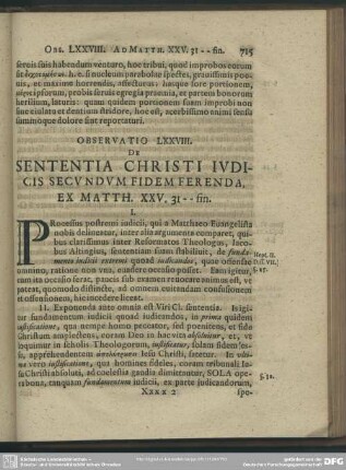 Observatio LXXVIII. De Sententia Christi Iudicis Secundum Fidem Ferenda, Ex. Matth. XXV. 31 -- fin.