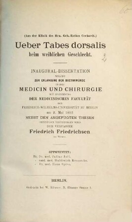 Ueber Tabes dorsalis beim weiblichen Geschlecht ...