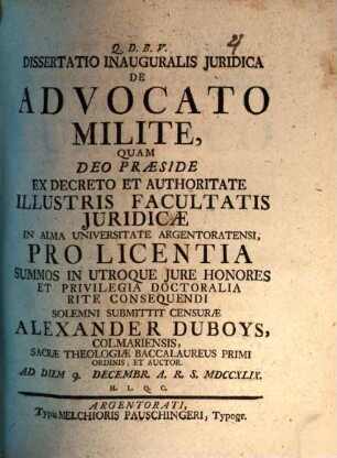 Diss. inaug. iur. de advocato milite