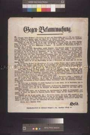 Maueranschlag: Gegen-Bekanntmachung. Antwort von Held auf einen Maueranschlag des Polizeipräsidenten v. Bardeleben zur Spionerie und Denunziation der Schutzmannschaft; Berlin, 5. September 1848