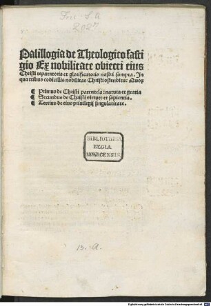 Palillogia de Theologico fastigio : Ex nobilitate obiecti eius Christi reparatoris et glorificatoris nostri sumpta. Jn qua tribus codicillis nobilitas Christi ostenditur Quo@r Primus de Christi parentela: natura et gratia Secundus de Christi virtute et sapientia. Tercius de eius priuilegij singularitate