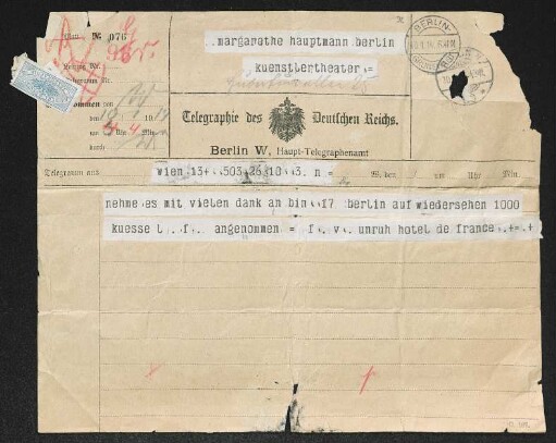 Brief von Fritz von Unruh an Margarete Hauptmann