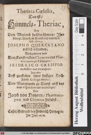 Theriaca Coelestis, Das ist/ Himmels-Theriac