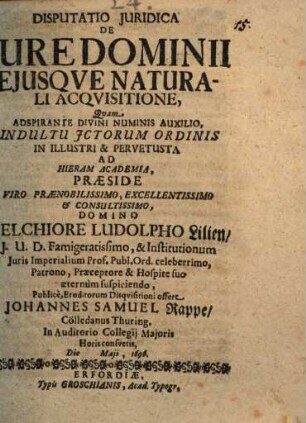 Disp. iur. de iure dominii, eiusque naturali acquisitione