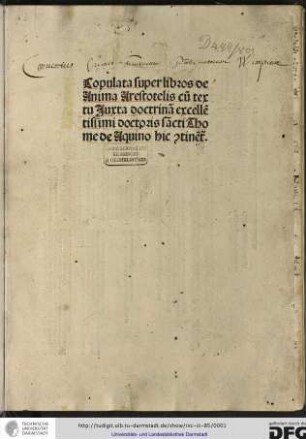 Copulata super tres libros Aristotelis De anima iuxta doctrinam Thomae de Aquino