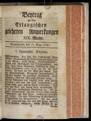 XIX. Woche. Sonnabends, den 12. May. 1787.