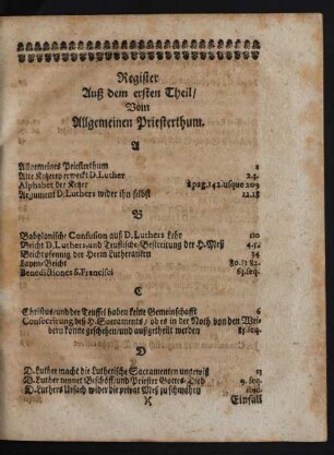 Register Auß dem ersten Theil/ Von Allgemeinen Priesterthum.