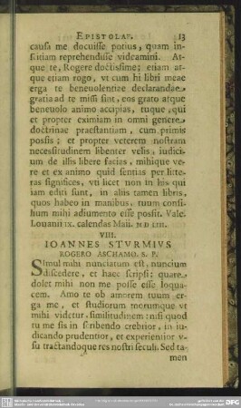 VIII. Ioannes Sturmius Rogero Aschamo. S. P.