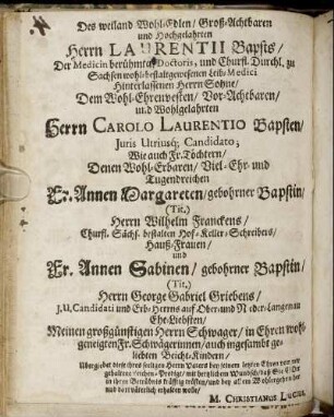 Des weiland Wohl-Edlen/ Groß-Achtbaren und Hochgelahrten Herrn Laurentii Bapsts [...] Herrn Carolo Laurentio Bapsten [...] Fr. Annen Margareten/ gebohrner Bapstin [...] Fr. Annen Sabinen/ gebohrner Bapstin [...]