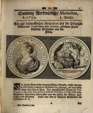 Samlung merkwürdiger Medaillen : in welcher wöchentlich ein curieuses Gepräg, meistens von modernen Medaillen, ausgesuchet, und nicht nur fleisig in Kupfer vorgestellet, sondern auch durch eine historische Erläuterung hinlänglich erkläret, 3. 1739