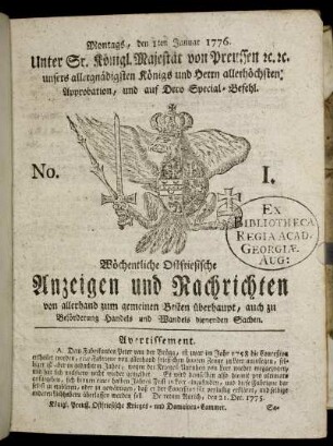 No. 1. Montags, den 1ten Januar 1776.