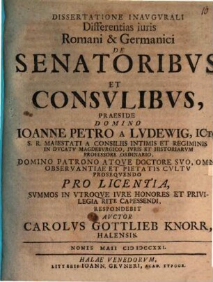 Dissertatione inaug. differentias iuris Romani et Germanici de senatoribus et consulibus