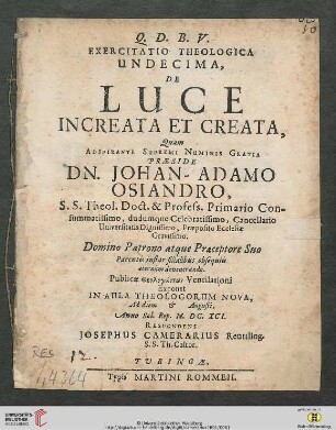 Exercitatio Theologica Undecima De Luce Increata Et Creata