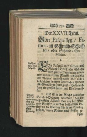 Der XXVII. Titul. Von Pasquillen/ Famos- und Schmäh-Schrifften/ oder Schand-Gedichten.