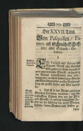 Der XXVII. Titul. Von Pasquillen/ Famos- und Schmäh-Schrifften/ oder Schand-Gedichten.