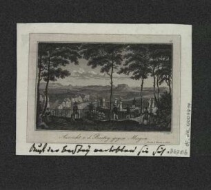 Aussicht von der Bastei gegen Osten, Stich, um 1840 : Aussicht v. d. Bastei gegen Morgen / L. Schütze sc.. - Dresden : Morasch & Skerl , [um 1840]. - 1 Kunstbl. : Stich ; 8 x 5 cm