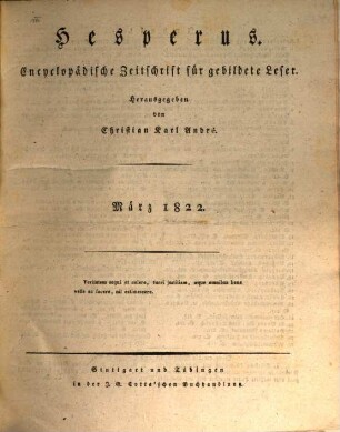 Hesperus : encyclopädische Zeitschrift für gebildete Leser. 1822
