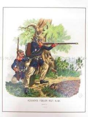 Uniformdarstellung, Gemeine des Hessischen Füsilier-Regiments No. 80, Preußen, 1866. Tafel 99 aus: Schindler: Suplement zum Militair-Album.