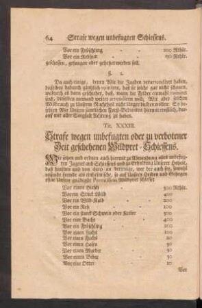 Tit. XXXIII. Strafe wegen unbefugten oder zu verbotener Zeit geschehenen Wildpret-Schiessens.