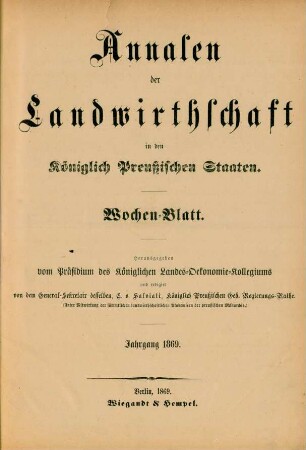 9.1869: Annalen der Landwirthschaft in den Königlich Preußischen Staaten / Wochenblatt