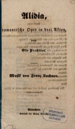 Alidia : romantische Oper in 3 Akten