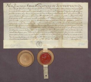 Lehen-Revers des Abts Placidus vom Kloster Schwarzach gegen den Erzbischof Philipp Christoph zu Trier, Bischof zu Speyer wegen erhaltener Belehnung über das vom Stift Speyer zu Lehen rührende Kloster Schwarzach