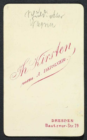 Porträt Friedrich Wagner : Foto-/Bildersammlung Stenografische Sammlung. Porträt Friedrich Wagner. Photographie. Carte de visite (1876/1880; T. Kirsten). Dresden: SLUB P a 0577