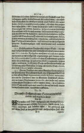 Tit. IV. Wie unser Hoffgericht mit Secretarien besetzt werden/ auch was deren Ampt seyn sol