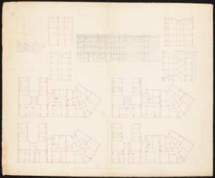 Drei viergeschossige Mietshäuser: Lageplan, Schnitte, Grundriss Souterrain, Erd- und Obergeschosse