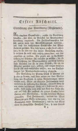 Erster Abschnitt. Einrichtung oder Anordnung (Reglement)