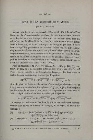 NOTES SUR LA GÉOMÉTRIE DU TRIANGLE.