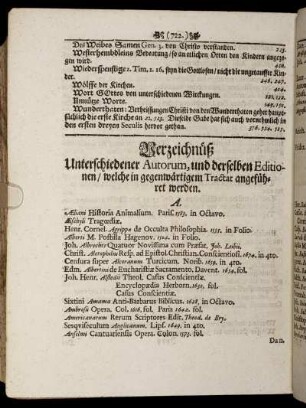 Verzeichnüß Unterschiedener Autorum, und derselben Editionen/ welche in gegenwärtigem Tractat angeführet werden.