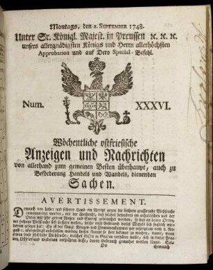 Num. XXXVI. Montags, den 2. September 1748.