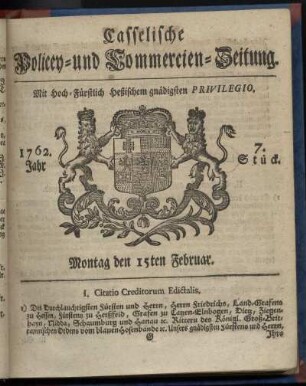 7. Stueck, Montag den 15ten Februar 1762