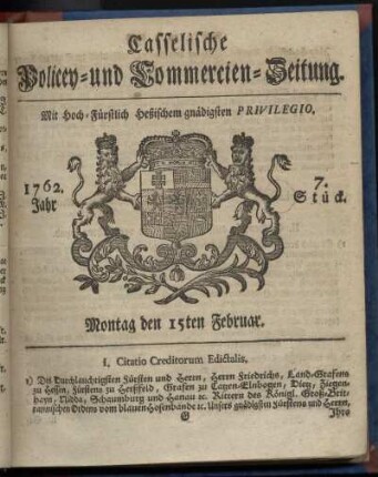 7. Stueck, Montag den 15ten Februar 1762