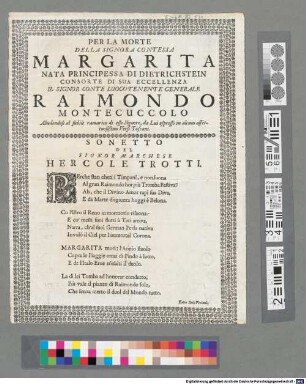 Per La Morte Della Signora Contessa Margarita Nata Principessa Di Dietrichstein Consorte Di Sua Eccellenza Il Signor Conte Luogotenente Generale Raimondo Montecuccolo ...