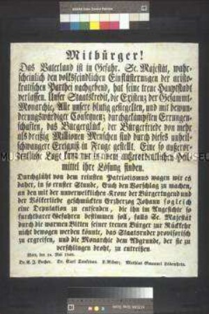 Maueranschlag: Mitteilung über die Flucht des Kaisers aus Wien; Wien, 18. Mai 1848