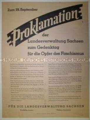 Maueranschlag mit Proklamation der Landesverwaltung Sachsen zum Gedenktag für die Opfer des Faschismus
