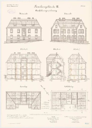 Pionierkaserne, Graudenz Familienwohnhaus III: Grundriss Sparrenlage, Dachbalkenlage, Aufriss Nordansicht und Südansicht, Längsschnitt, Querschnitte 1:100