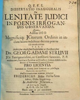 Dissertatio Inauguralis De Lenitate Iudici In Poenis Irrogandis Observanda