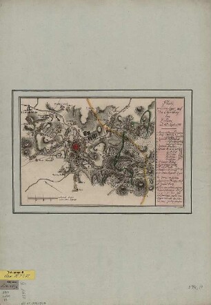 Plan des Lagers bei Zittau 1778, 1:70 000, Kupferstich, 1779 : Plan von dem Lager auf den Eckardsberg bey Zittau von 12ten Sept. 1778 / Frentzel sc. - [Ca. 1:70 000]. - [Leipzig] : [Breitkopf] , [1779]. - 1 Kt. : kolor. Kupferst. ; 29 x 20 cm
