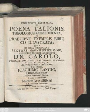 Dissertatio Theologica, De Poena Talionis, Theologice Considerata, Et Praecipve Exemplis Biblicis Illvstrata