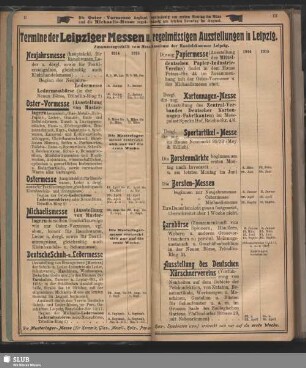 Termine der Leipziger Messen u. regelmässigen Ausstellungen in Leipzig