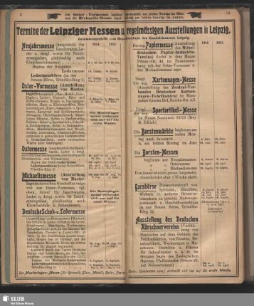 Termine der Leipziger Messen u. regelmässigen Ausstellungen in Leipzig