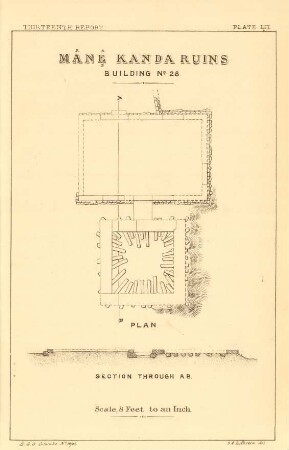 Plate LIII. Mânê Kanda ruins. Building No. 28. Plan. Section through A. B.