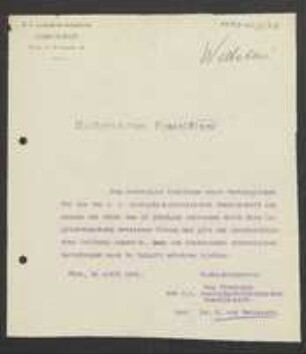 Brief von Richard Wettstein von Wien Zoologisch-botanische Gesellschaft an Regensburgische Botanische Gesellschaft