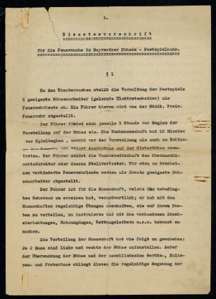 Festspielhaus, Bayreuth: Dienstesvorschrift für die Feuerwache im Bayreuther Bühnen-Festspielhaus, Vierseitiges Dokument