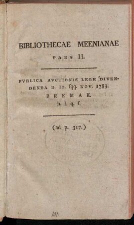 2: Publica auctionis lege divendenda d. 10. sqq. Nov. 1783. Bremae h.l.q.s.
