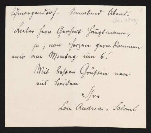 Brief von Lou Andreas-Salomé an Gerhart Hauptmann