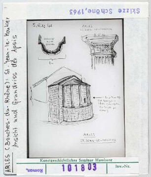 Arles: Saint-Jean-le-Moutier, Grundriss und Apsis, Skizze Wolfgang Schöne 1963